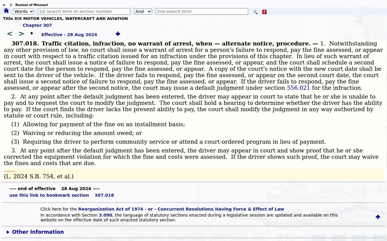 Missouri Chapter 307 traffic infraction warrant restriction